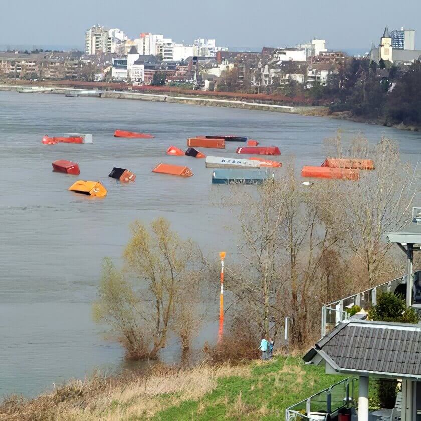 March 26th, 2007. A cargo ship had lost about 30 large containers on the Rhine during an unsuccessful manoeuvre.
